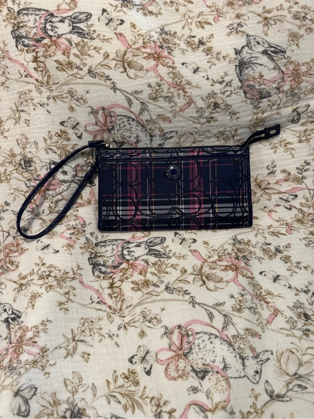 Coach Poppy Navy Tartan Wristlet Wallet
